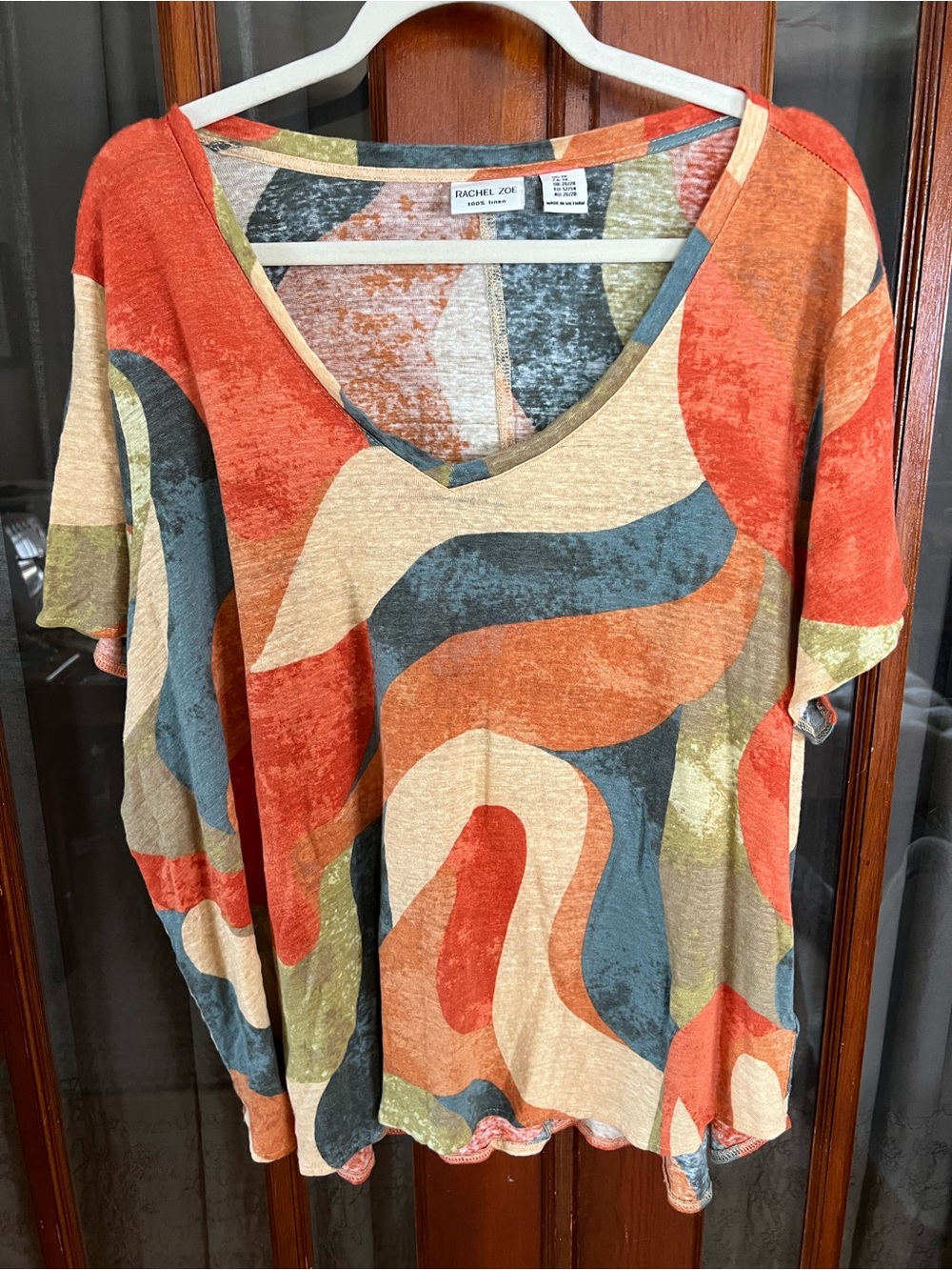 Rachel Zoe Abstract Swirl V-Neck Short Sleeve Top in Orange, Blue & Cream